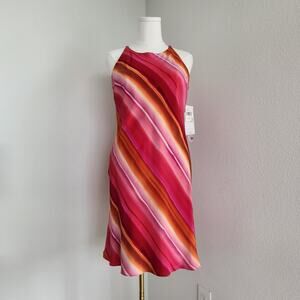 90s Y2K Maggy London Pink Orange Red Striped Silk Bias Cut Sleeveless Dress 10